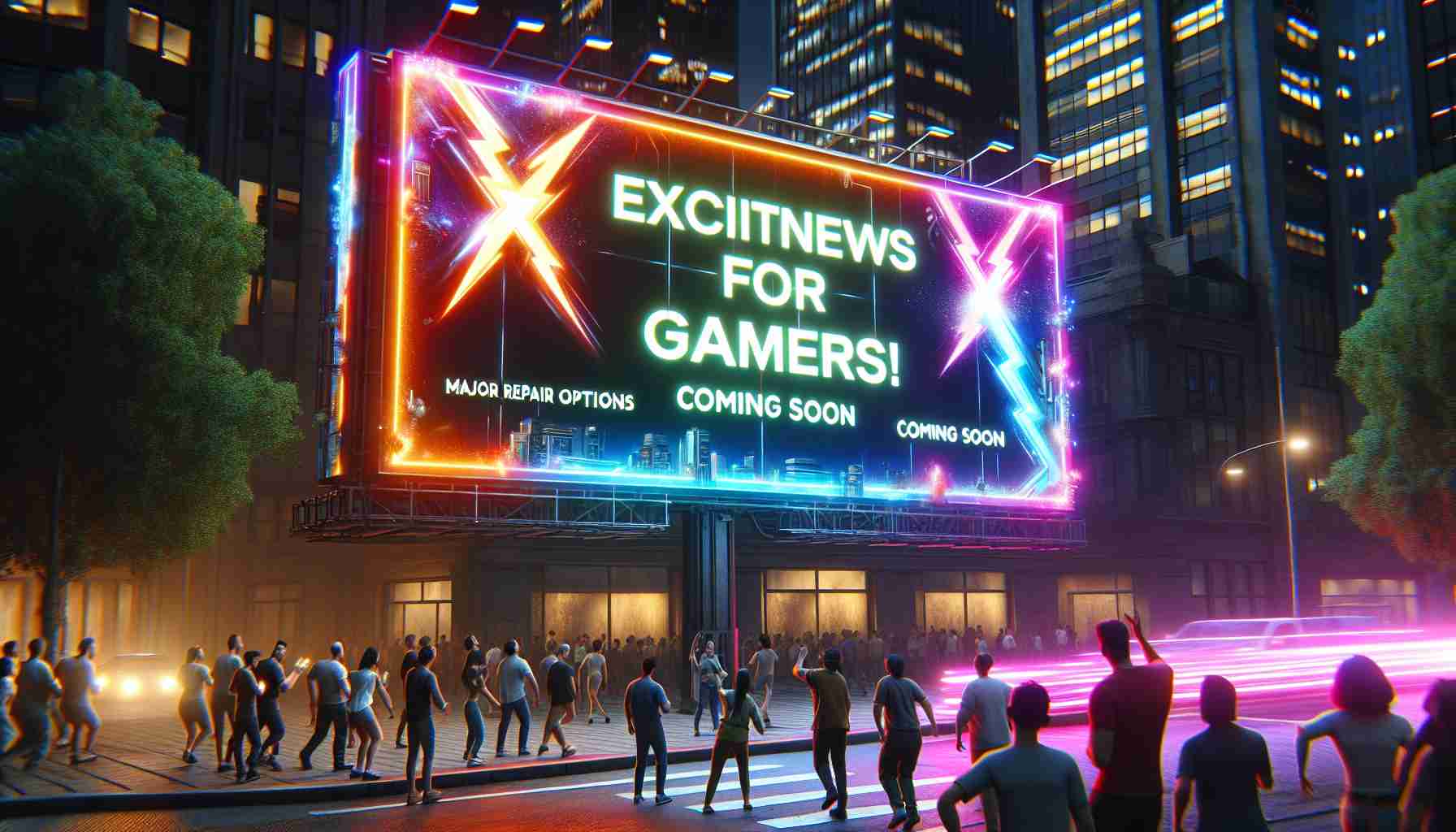 Generate a realistic high definition image that depicts the thrill of the gaming community upon hearing the news. The scene should reveal a digital billboard with bright, electrifying neon lights in a bustling city environment. The billboard text reads: 'Exciting News for Gamers! Major Repair Options Coming Soon'. Add reactions of mixed-aged pedestrians who in the scene are revealed to be gaming enthusiast displaying joy and surprise.