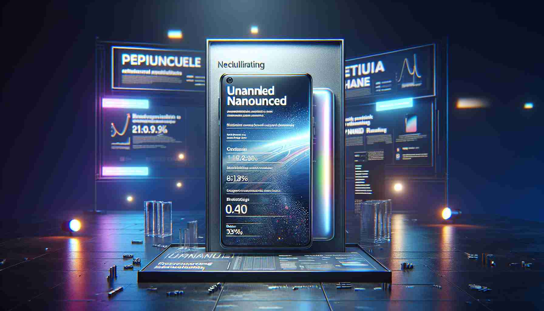 A high-definition, realistic rendering of a speculative scene showing a leak of an unannounced smartphone launch. Although specific branding isn't shown, the scene infers excitement and anticipation. The smartphone is modern and top-of-the-range, reminiscent of latest technology trends in smartphones. It sits against a backdrop of perhaps digital advertisements, speculative specs sheets, and vibrant lights to heighten the sense of anticipation.