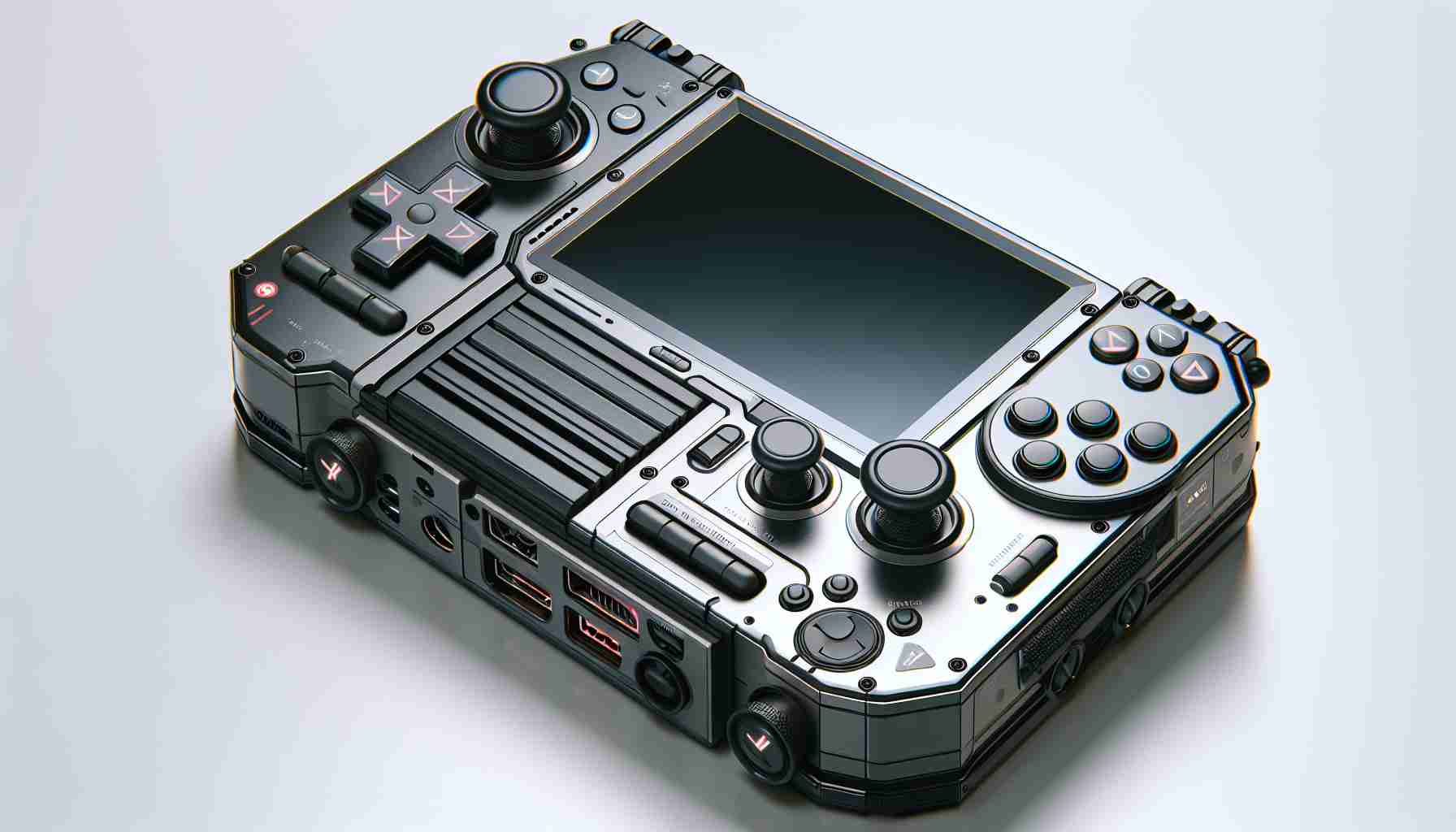 A detailed, high definition image of a gaming console, inspired by the future possibilities of handheld gaming, with an emphasis on compact form and powerful capabilities. It's portable with removable controllers on either side. The console is sleek, modern, and feature-rich, with the latest in screen technology for sharp, vibrant graphics. It offers innovative controls for a user experience like no other. Note: This is not an actual Nintendo product, but a speculative depiction of what a future handheld gaming console could look like.