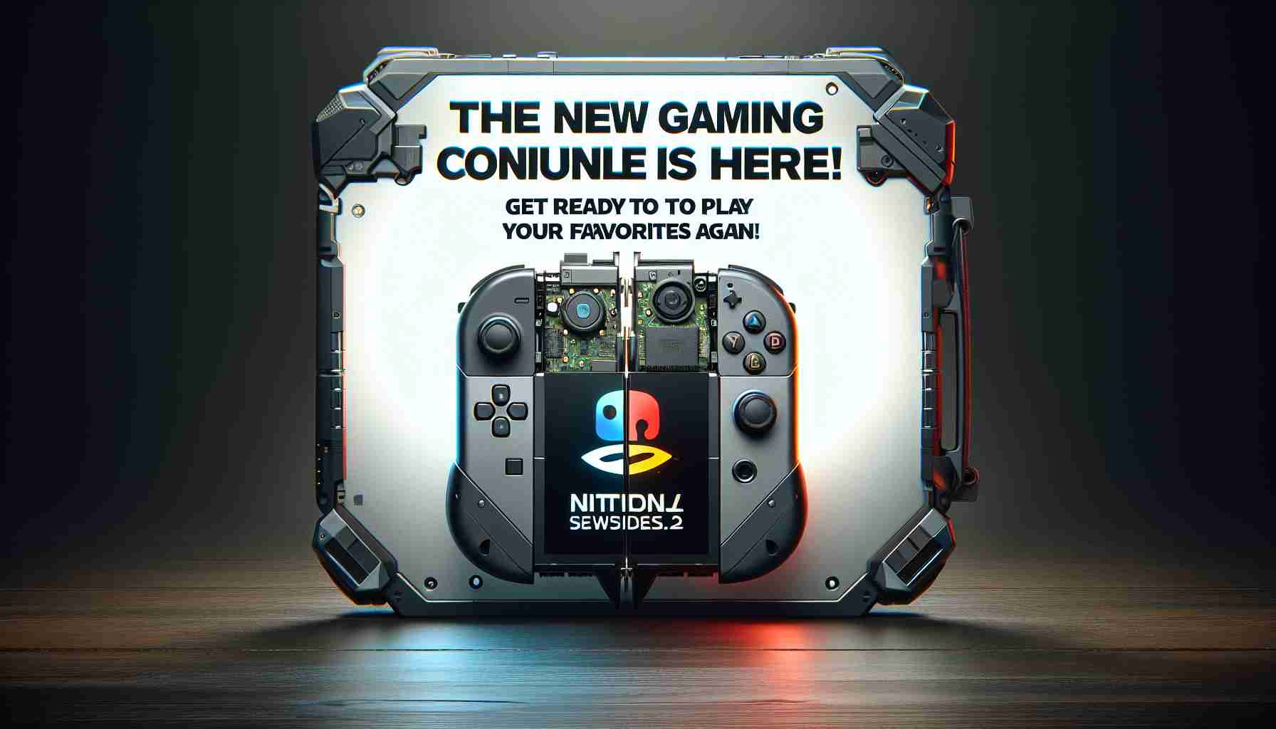 A high-definition and hyper-realistic image of a new generation handheld gaming console that boasts the ability to transition from portable play to home entertainment seamlessly. With its unique and recognizable hybrid design, the console is prominently displayed with a headline that reads, 'The New Gaming Console is Here! Get Ready to Play Your Favorites again!'