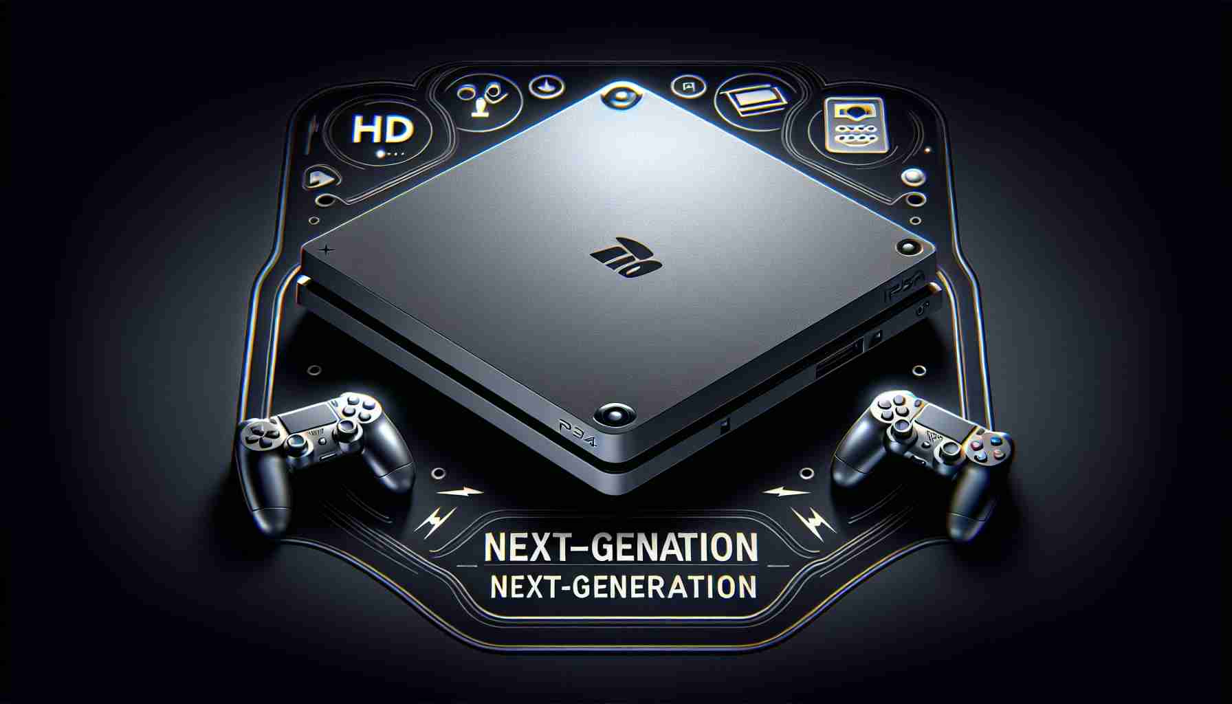 Realistic HD image of an anticipated next-generation gaming console, creating buzz within the community. The console is represented with tantalizing features suggesting an upgrade from its previous version, like improved buttons, a sleek design, and advanced screen technology.