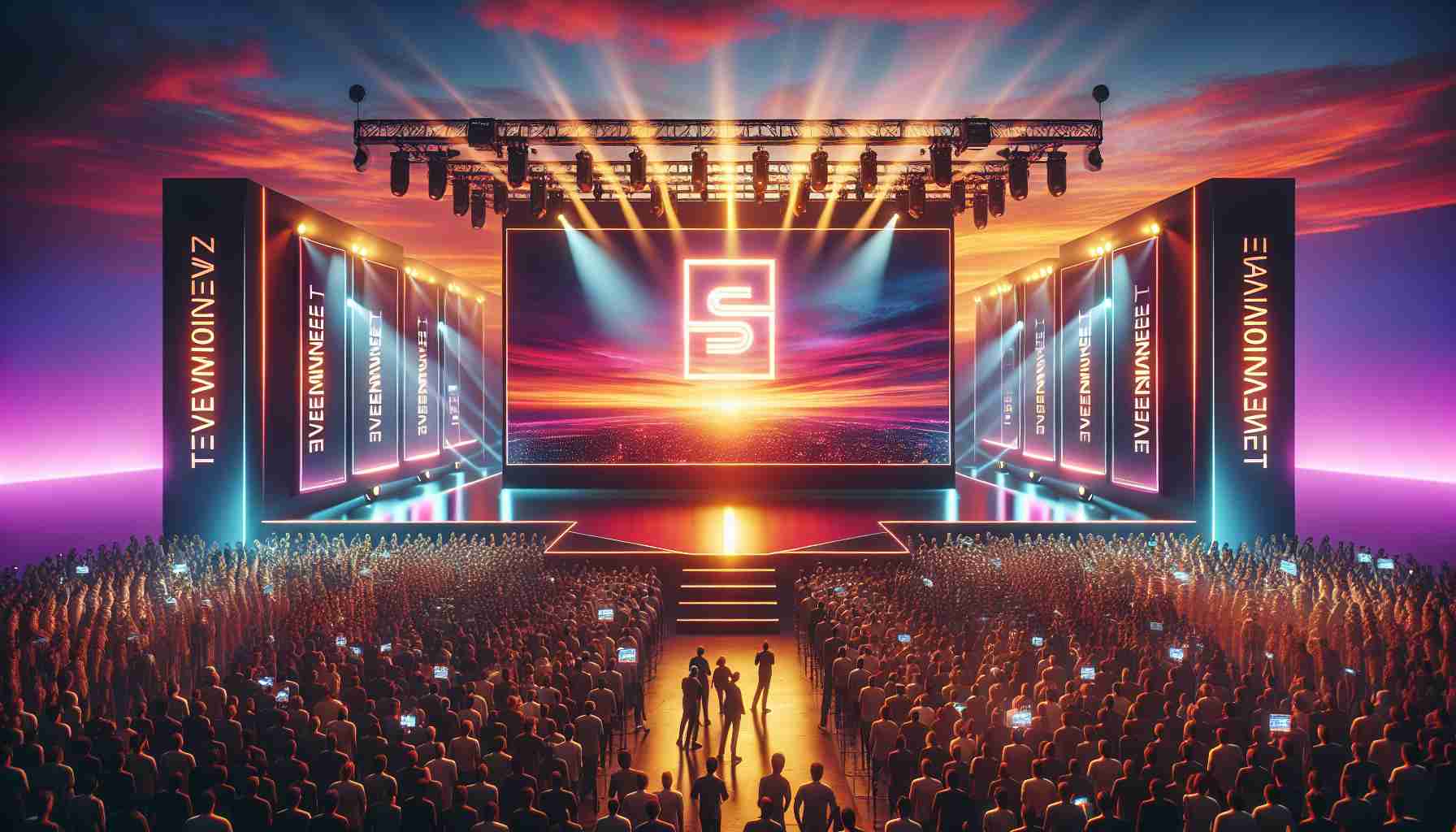 A realistic high-definition image capturing the anticipation and excitement of an upcoming technology reveal event. Elements include a horizon filled with vibrant sunrise hues of oranges and pinks, an imposing stage set up with flashing spotlights and LED screens announcing the forthcoming event. Around the stage, the atmosphere is buzzing with the chatter and movement of a diverse crowd of enthusiastic tech fans. The company emblem - a stylized 'S' - illuminates on a grand banner. Ensure that representation in the crowd is diverse, covering different gender identities and descents equally.