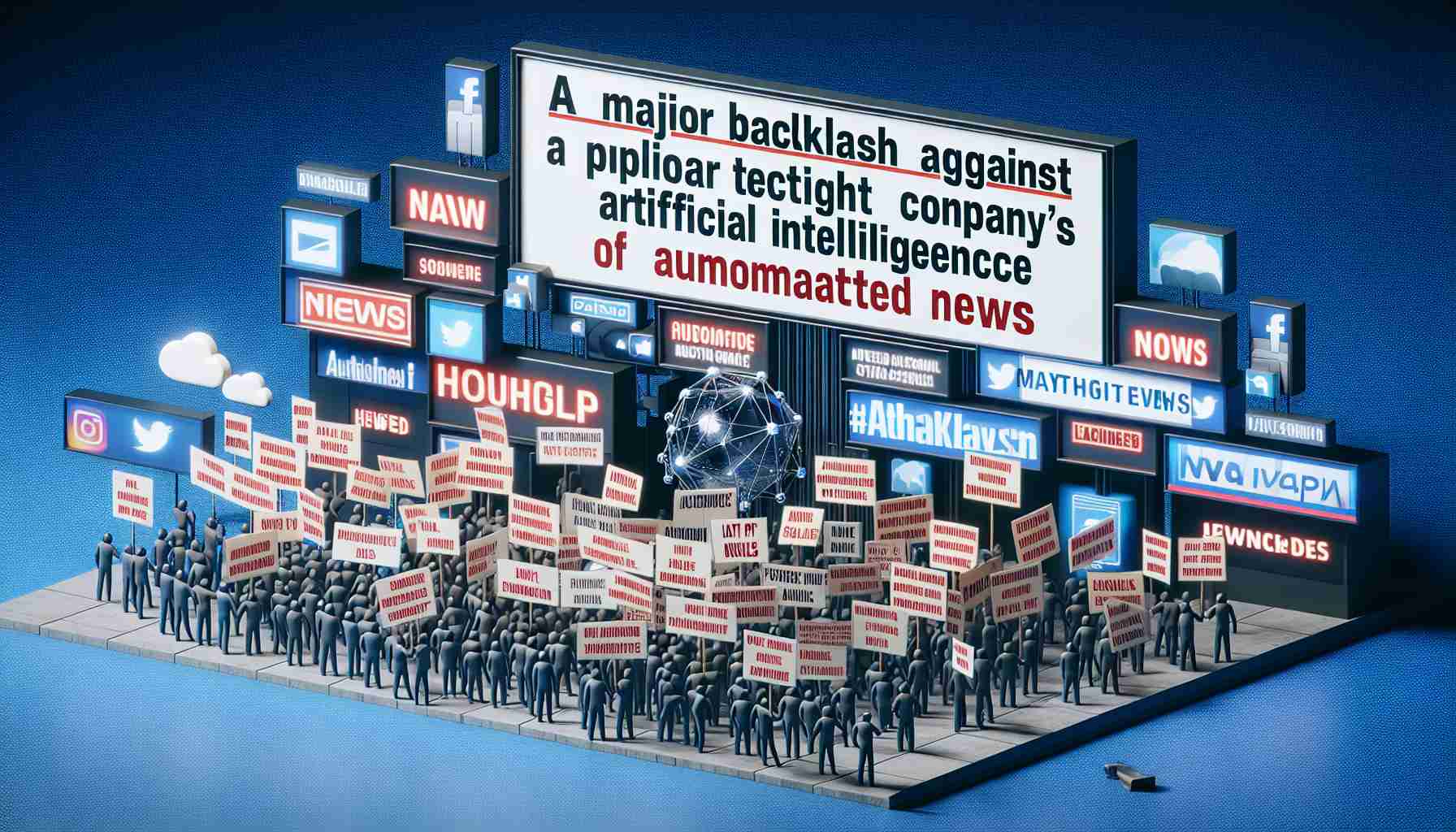 An image depicting a realistic, high-definition scenario related to a major backlash against a popular tech company's artificial intelligence news system. It should include dramatic elements such as protesters with signs expressing their discontent, social media platforms filled with critical posts, and headlines from newspapers questioning the future of automated news.