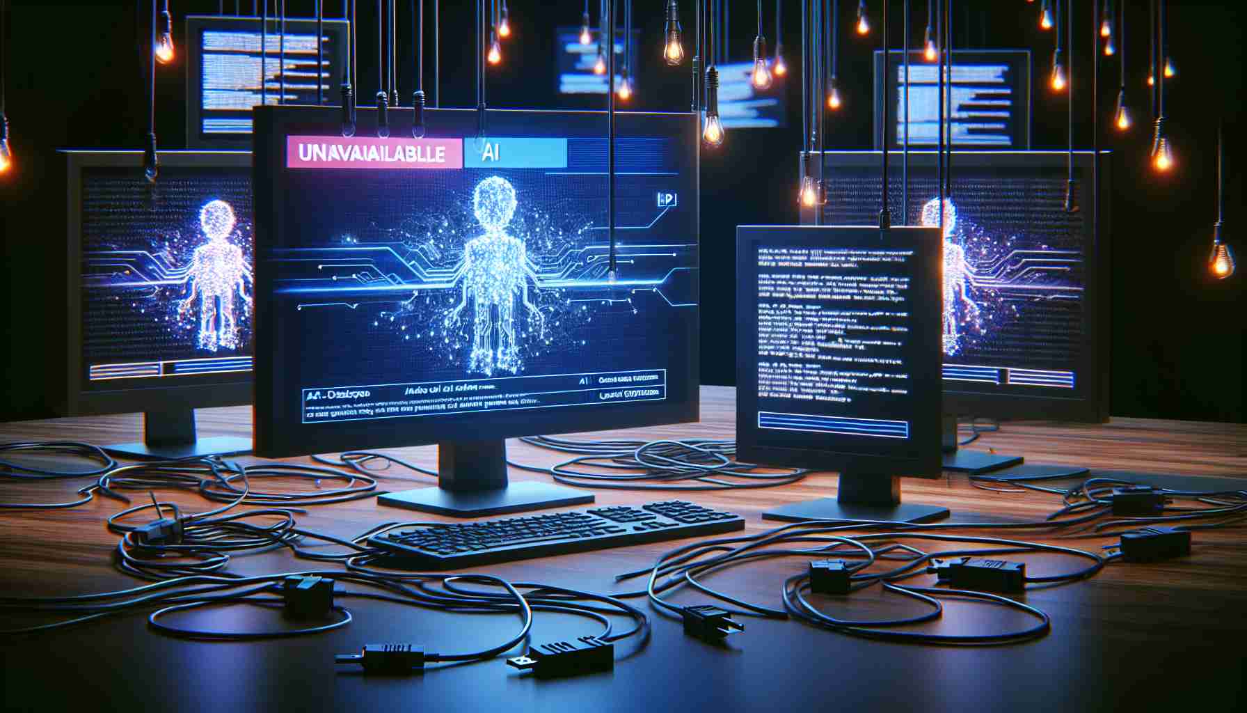 Generate a realistic HD representation of an AI programming interface with multiple disconnected wires and dimmed screens in a tech-developer ambiance. There's a splash page of an AI News Feature on one of the screens, with a sign that says 'Unavailable'. The scene should suggest that something unexpected has occurred behind the scenes, possibly causing an interruption in the service.