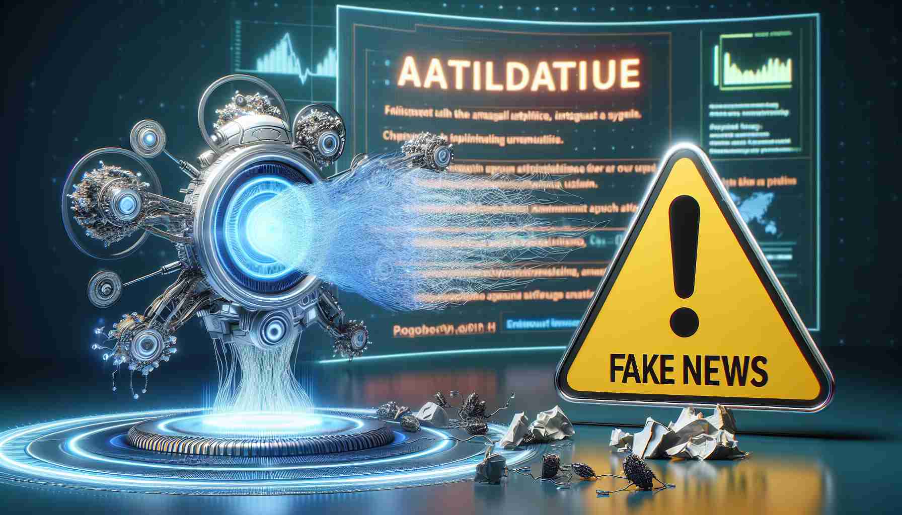 Realistic, high-definition image illustrating the concept of a major update to an artificial intelligence system by a well-known technology company, signified by a shaking motion. Adjacent to this scene, include a caution sign denoting the prevalence of fake news alerts that users should be wary of.