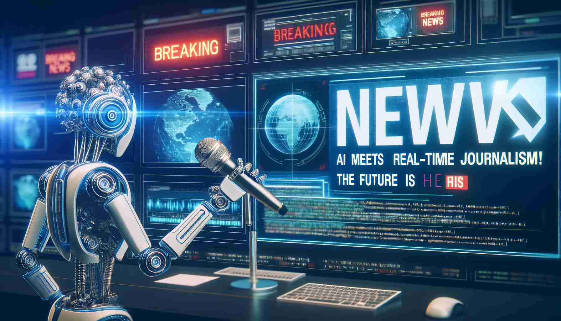 Create a high-definition image capturing the concept of 'Breaking News: AI Meets Real-Time Journalism! The Future is Here'. Picture this as a broadcasting studio environment. Visible elements include broadcast screens, scrolling tickers, perhaps computer terminals with code running. A futuristic robotic figure symbolizing AI is holding a microphone, engaged in journalism. The headline 'AI Meets Real-Time Journalism! The Future is Here' is being highlighted as breaking news.