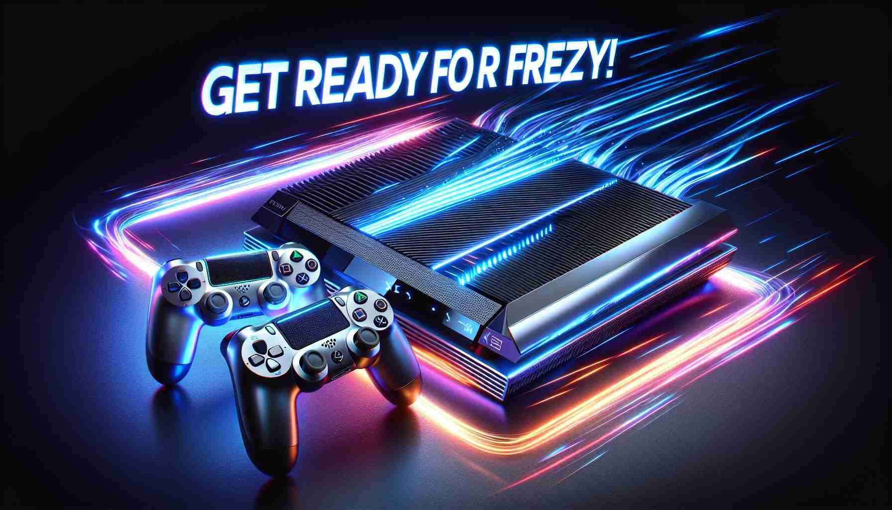 A hyper-realistic high definition image of the ultimate gaming console. The console is sleek and modern, with radiant LED lights lining the edges, cutting-edge controller designs and the latest hardware housed in a shiny futuristic shell. Next to it, bold text exclaims 'Get Ready for a Frenzy!' Be sure to capture the excitement and frenzy that the console invokes in its design and presentation.