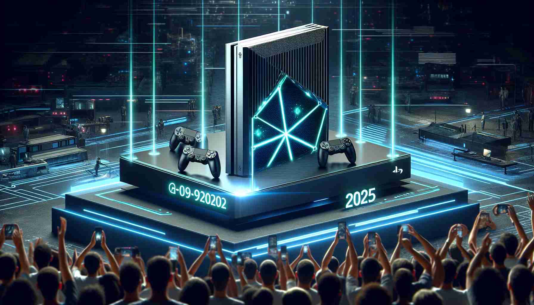 High-definition image illustrating the reveal of an exciting, futuristic gaming console. The cutting-edge device is being unveiled in 2025, indicating advanced technology and up-to-date specifications. Filled with anticipation and excitement, viewers are getting a glimpse of the groundbreaking platform. Note: this is a conceptual representation not tied to any existing gaming company or brand.