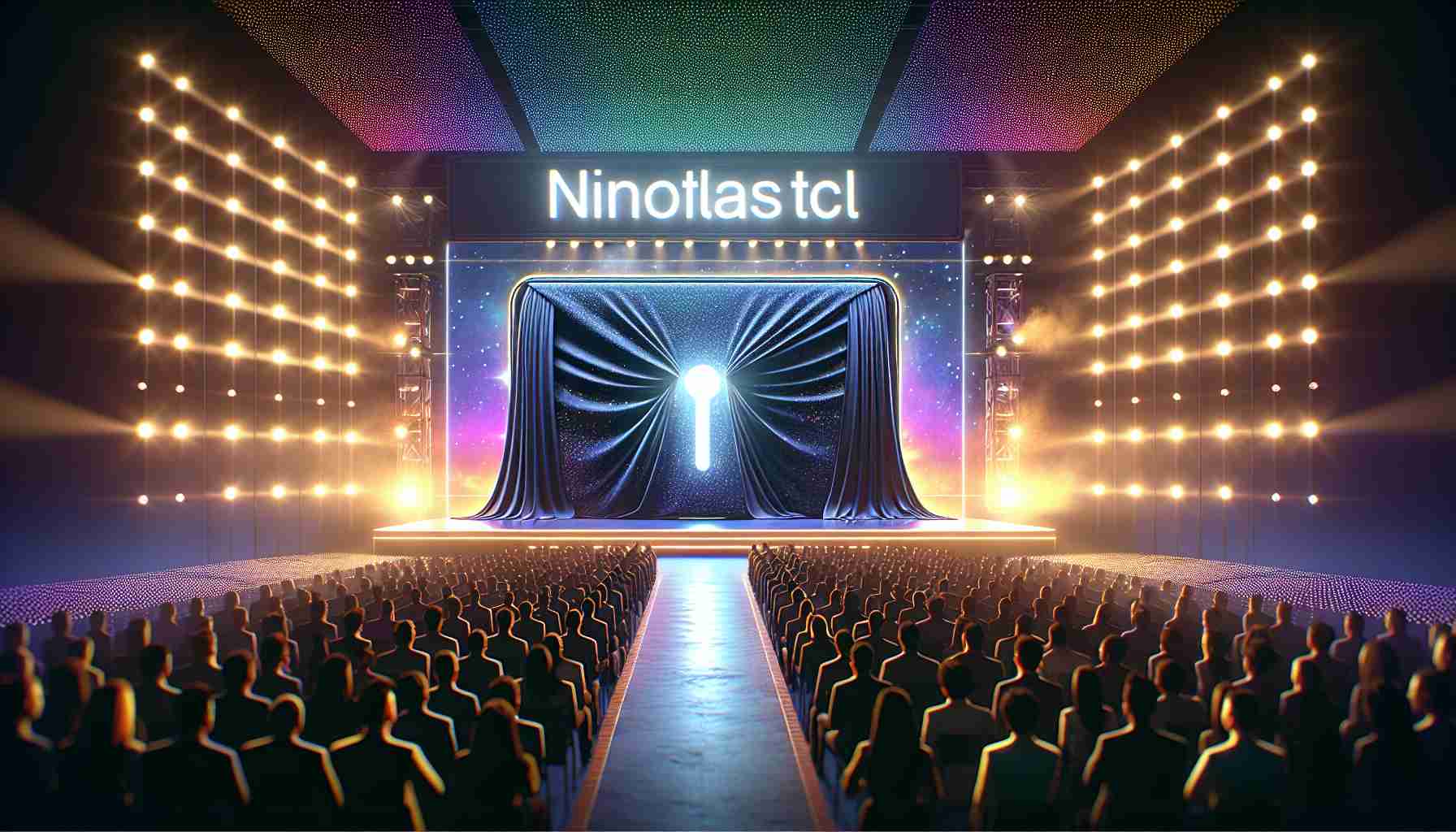 Visualize a brand-agnostic tech reveal event. A scene featuring a large, vibrant stage, decked out with gleaming lights, in the center of which a covered silhouette of the new gadget is waiting to be unveiled. The audience waits in anticipation as the event host, an Asian woman, enthusiastically teases the upcoming reveal of a next-generation device. The image should convey a sense of excitement, futurism, and innovation.