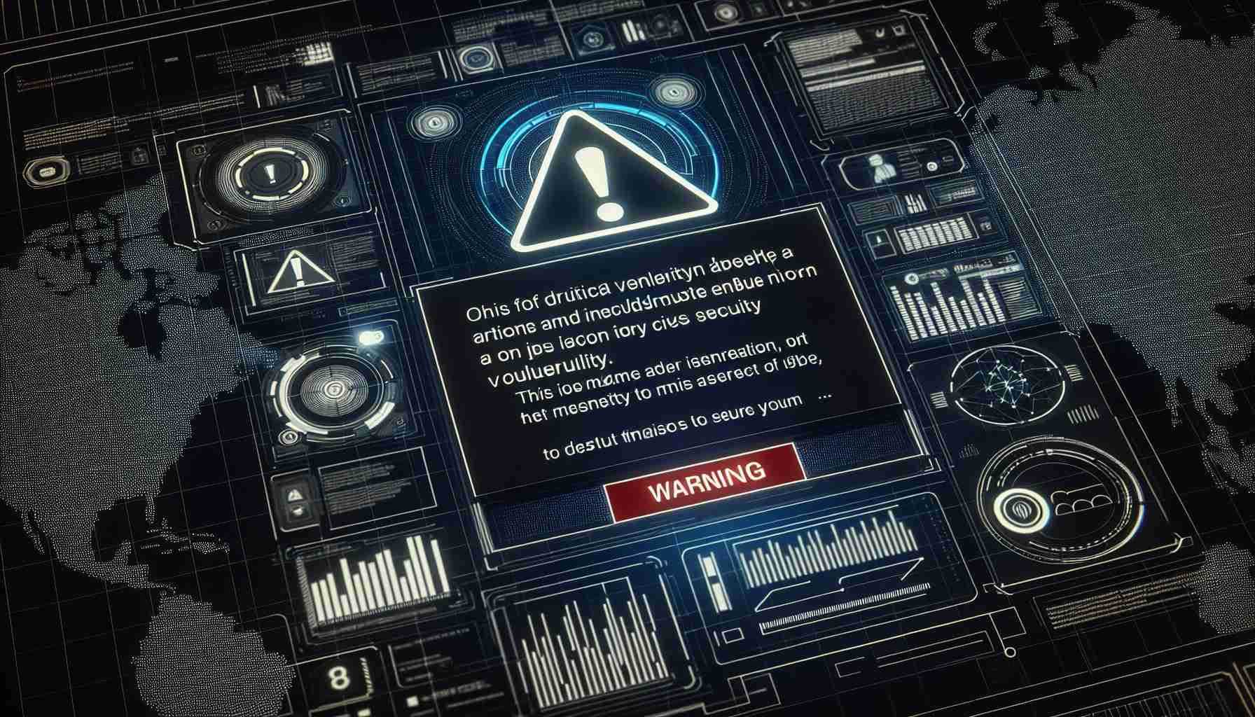 High-definition image of a digital screen displaying a critical notification about a security vulnerability. The warning message urges immediate action to secure the system. Accompanying the warning text are visual elements such as warning icons and possibly a diagram or indicators demonstrating the extent of the vulnerability.