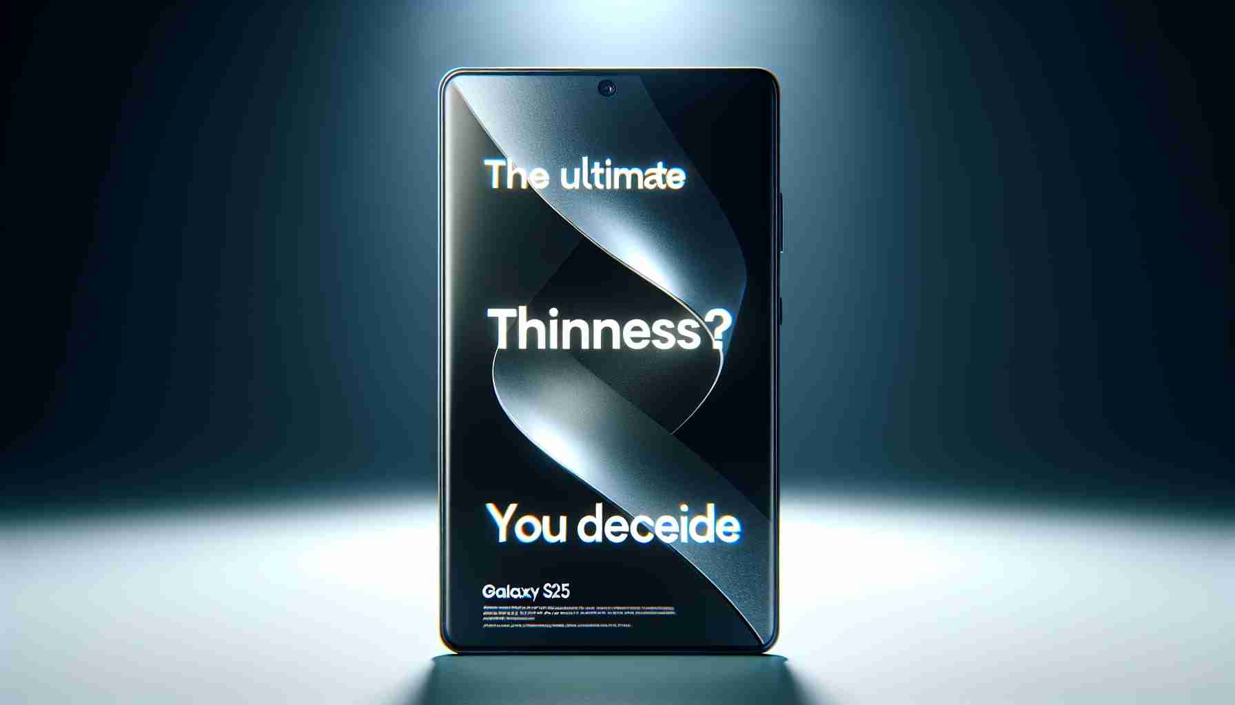 Generate a high-definition, realistic image of a slim, futuristic smartphone labelled as 'Galaxy S25 Slim'. The visual aesthetics of the phone should emphasize its ultra-thin design. An intriguing caption, 'The Ultimate Thinness? You Decide', is positioned enticingly, giving viewers an invitation to form their own opinions about the device.