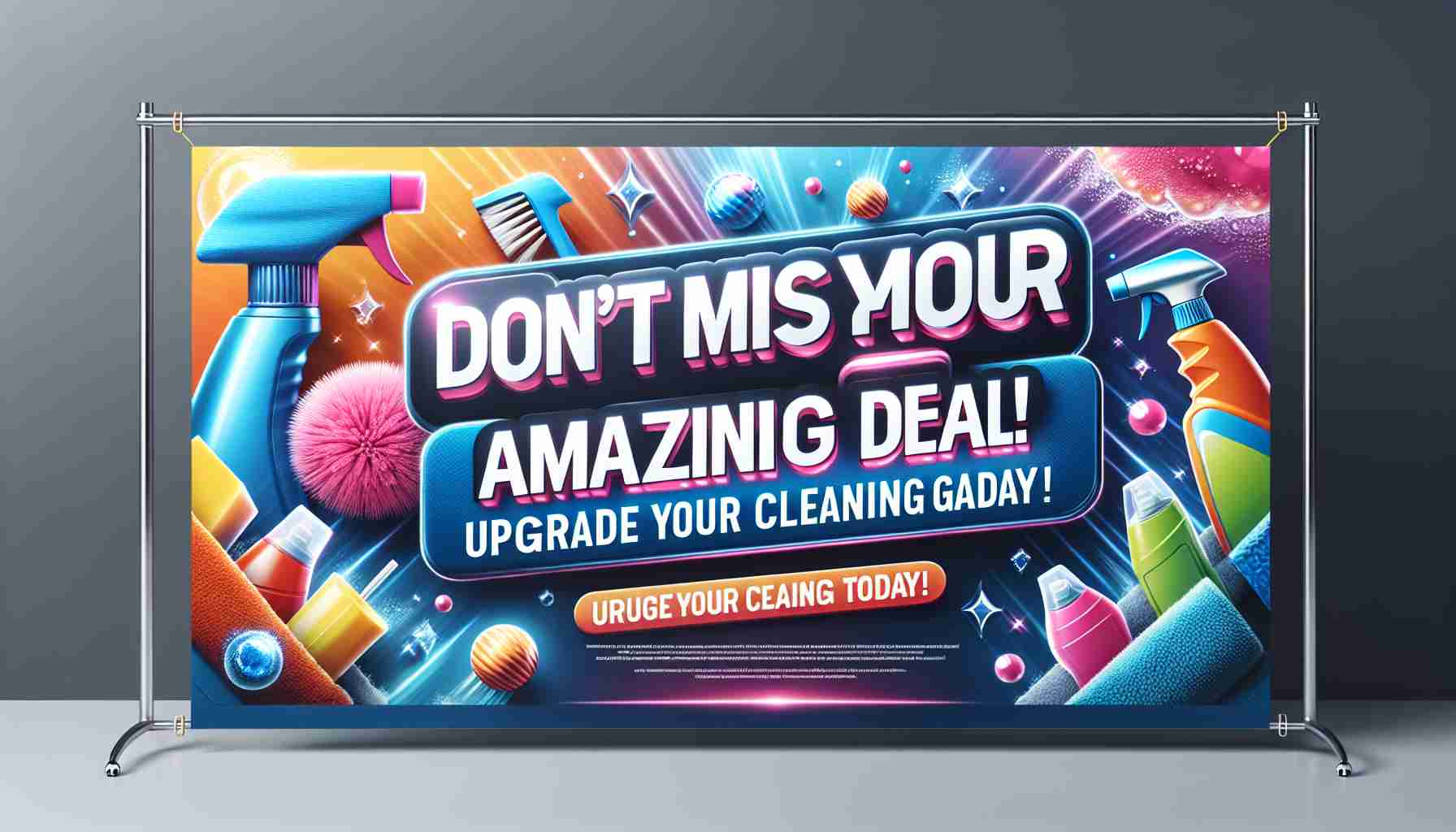 A high-definition, realistic image of an appealing banner or flyer proclaiming 'Don't Miss This Amazing Deal! Upgrade Your Cleaning Game Today!' The design suggests it's a promotion for a range of cleaning products. The banner has vibrant colors, eye-catching typography, and images of sparkling clean surfaces and advanced cleaning equipment