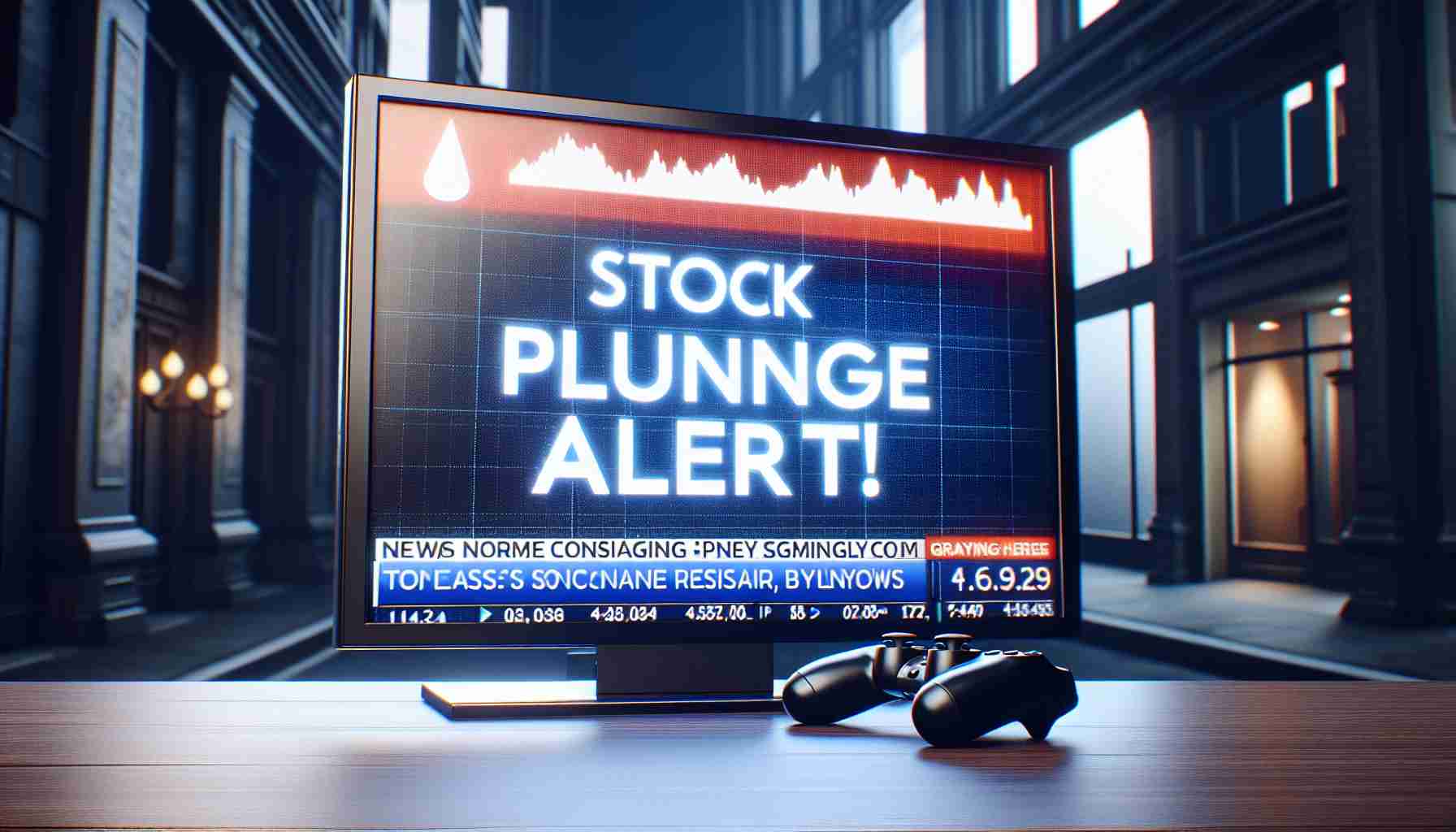 A high-definition and realistic image depicting a stock market plunge alert on a screen. The screen's title reads 'Stock Plunge Alert!' and below it is a news headline about the release of a new console by a generic gaming company, which is causing widespread discussion and raising eyebrows.