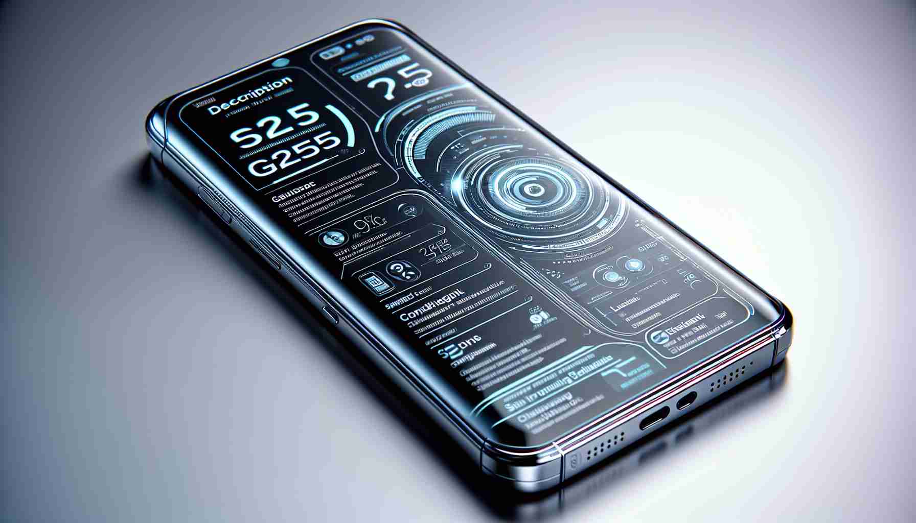 A realistic high-definition image portraying the description of a not-yet-released series of futuristic smartphones named the 'Galaxy S25'. The smartphones should be sleek and modern, gleaming silver, with a large, clear screen. A list of advanced features is shown on the screen, impressing its impressive tech capabilities.