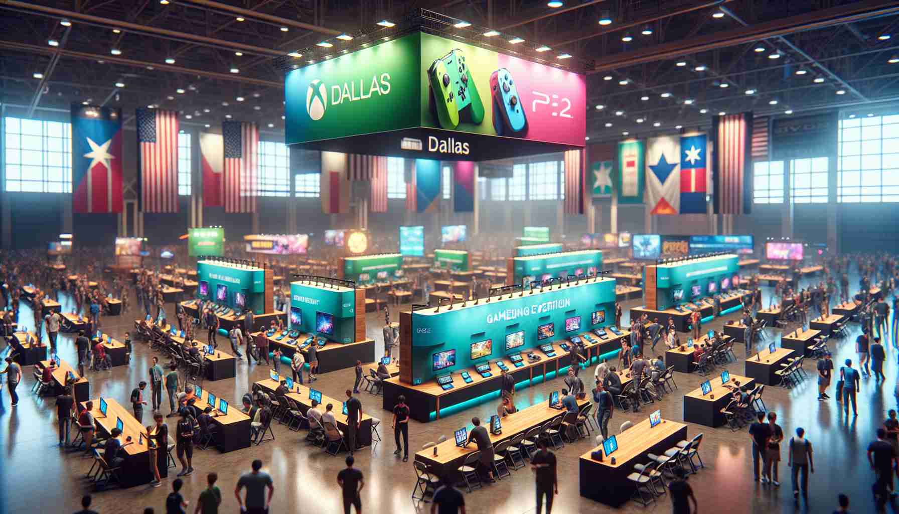 A high-definition, realistic image showcasing a gaming event in Dallas. Visualise a large exposition hall filled with game enthusiasts waiting in anticipation. Multiple gaming consoles, presumably of a second iteration of a popular handheld-console hybrid, are displayed across several booths, receiving the spotlight and admired by attendees. Vibrant banners are hanging, announcing the arrival of this new gaming experience. Please note this description represents a hypothetical situation and any connections to actual products, brands or events are purely coincidental.